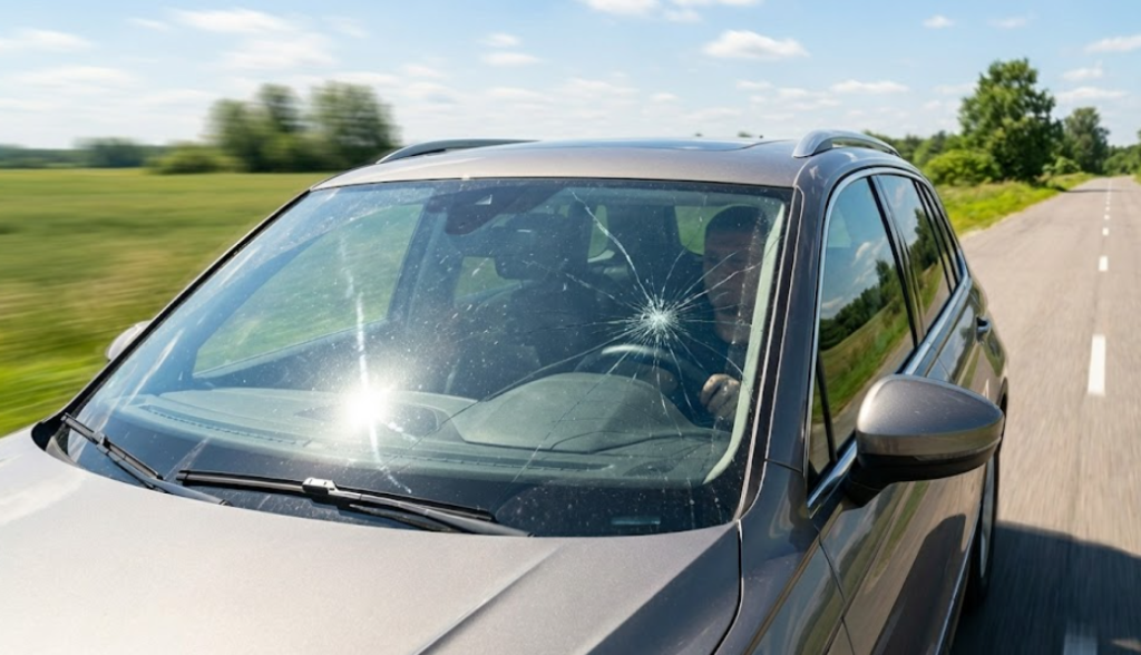 Авто з тріщиною на лобовому склі рухається про дорозі